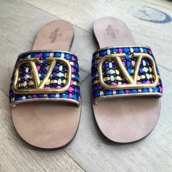 VALENTINO GARAVANI Sandals 5mm V logo Cotton Flats size 7 Multicolored Authentic - Picture 4 of 8